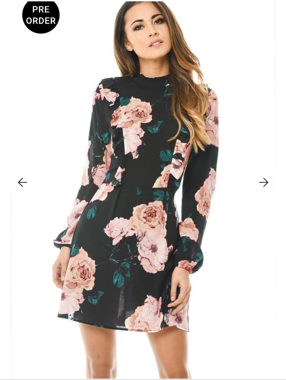 AX Paris | High Neck Black Floral Long-Sleeve  Mini Dress - US Size 8 - NWT